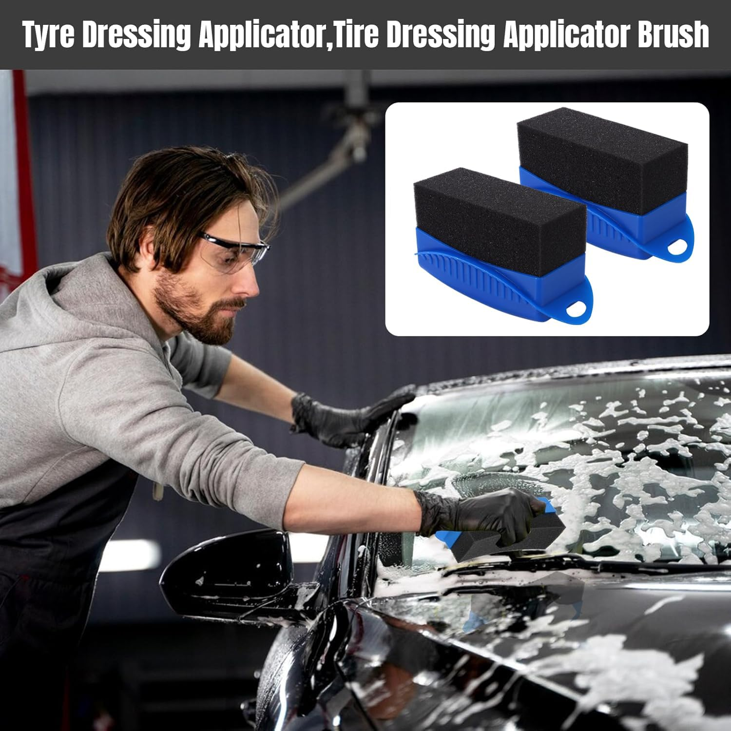 2 Pcs Car Wheel Waxing Sponge Tire Shine Applicator, Tire Dressing Applicator, Car Tire Shine Applicator Tire Shine Sponge Pad, Reusable Tire Polish Applicator (Blue) - Black image number 3