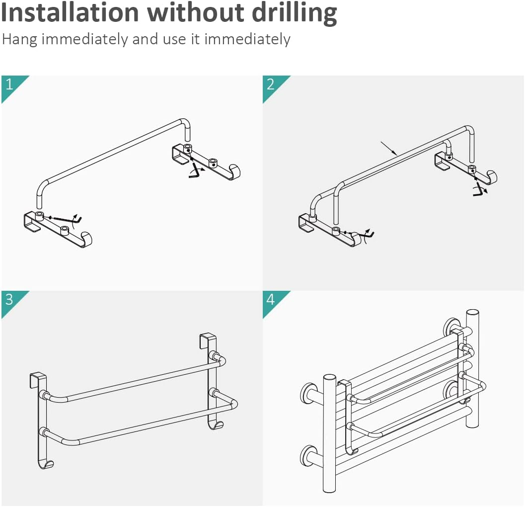 EMKE Double Towel Rail, Bathroom over the Door Hanging Towel Rack with Hooks, Stainless Steel Sink Towel Holder with Large Space for Kitchen Toilet Hotel Shower Room, Chrome