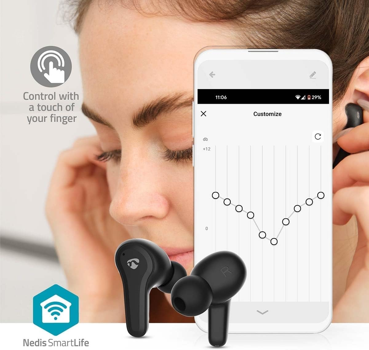 Nedis Fully Wireless Headphones - Hybrid (ENC + ANC) - Bluetooth - Max. Battery Playtime: 36 Hours - Touch Control - Charging Case - Wireless Charging Case - Built-In Microphone image number 6