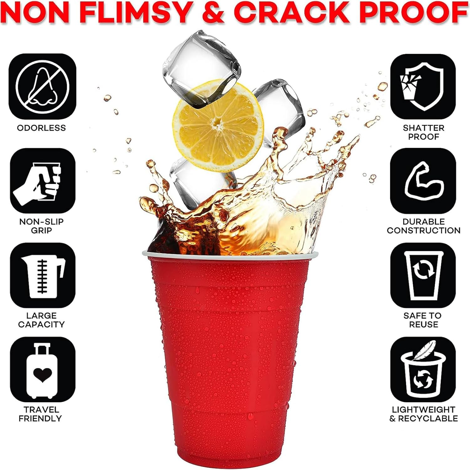 16Oz Red Plastic Party Cups: 100 Pack Reusable Blank Plastic Cups Food-Grade Party Cold Drink Cups Red Cups for Parties, Weddings, Events or DIY Projects,Durable,Resistant,Bpa Free, Recyclable image number 3