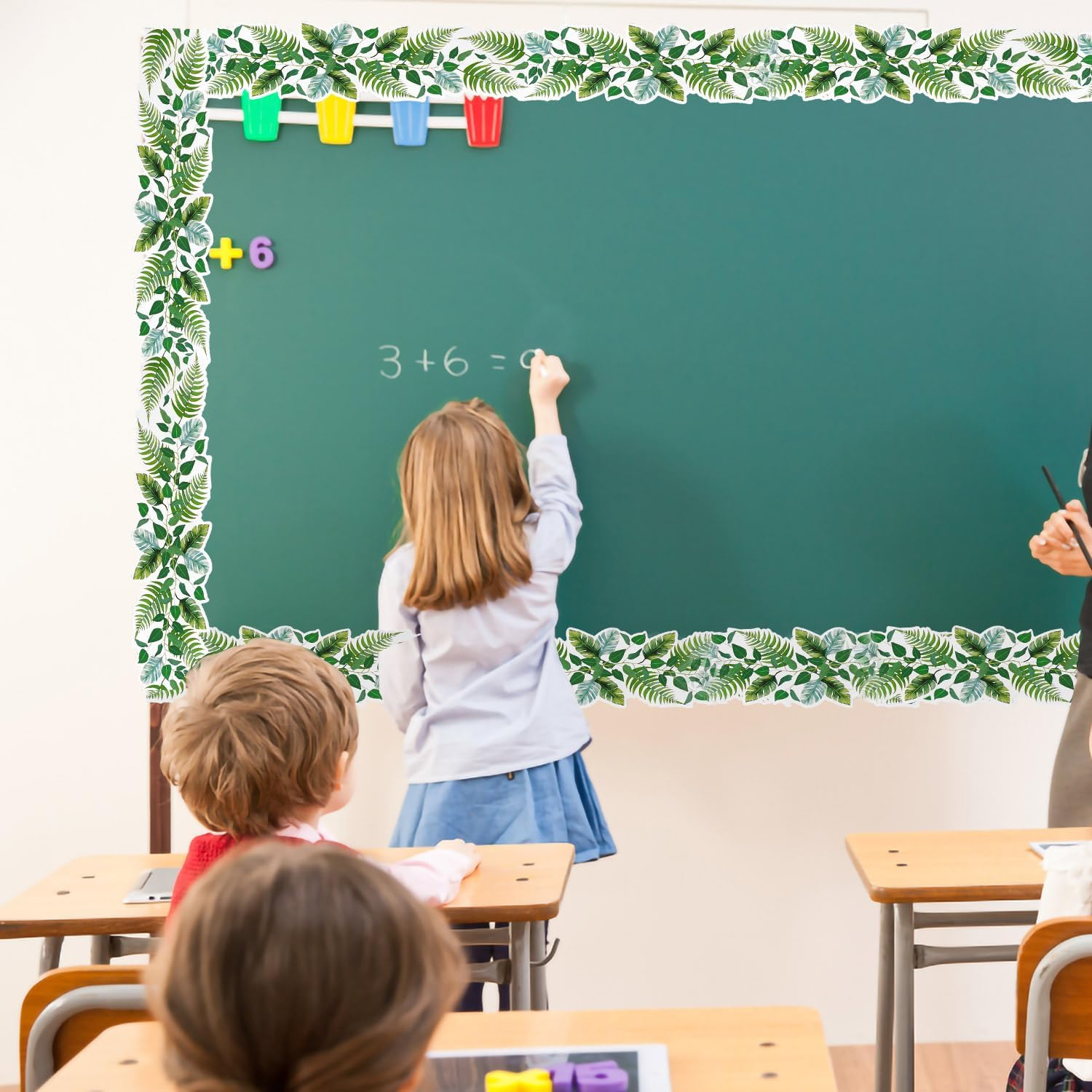 Bulletin Board Border Sticker, 49Ft Classroom Border Trim Eucalyptus Themed Border Sticker for Photo Wall Bulletin Boards Chalkboard Leaves Greenery Decoration image number 3