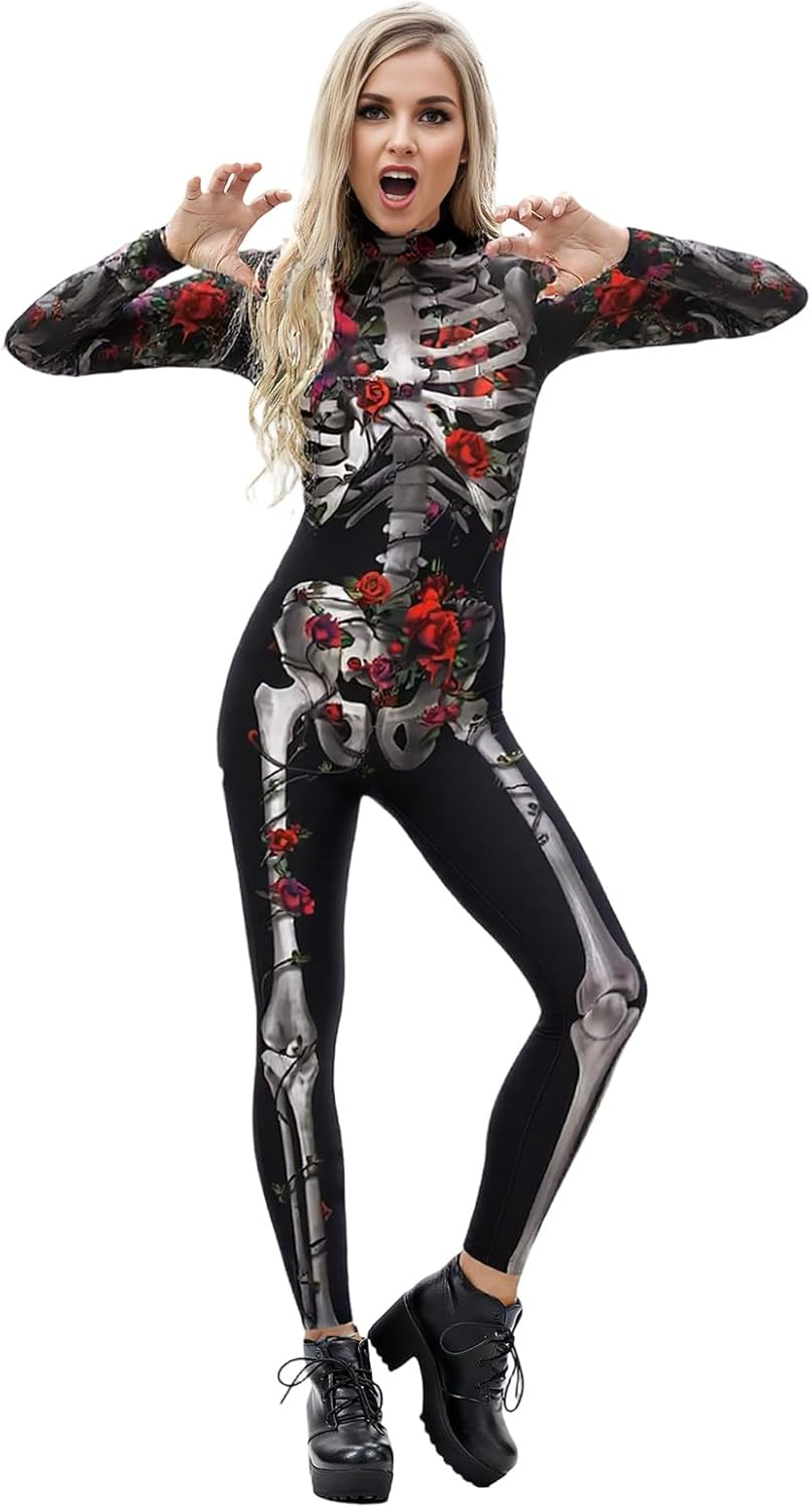 Halloween Skeleton Jumpsuit, Rose Flower Skeleton Jumpsuit