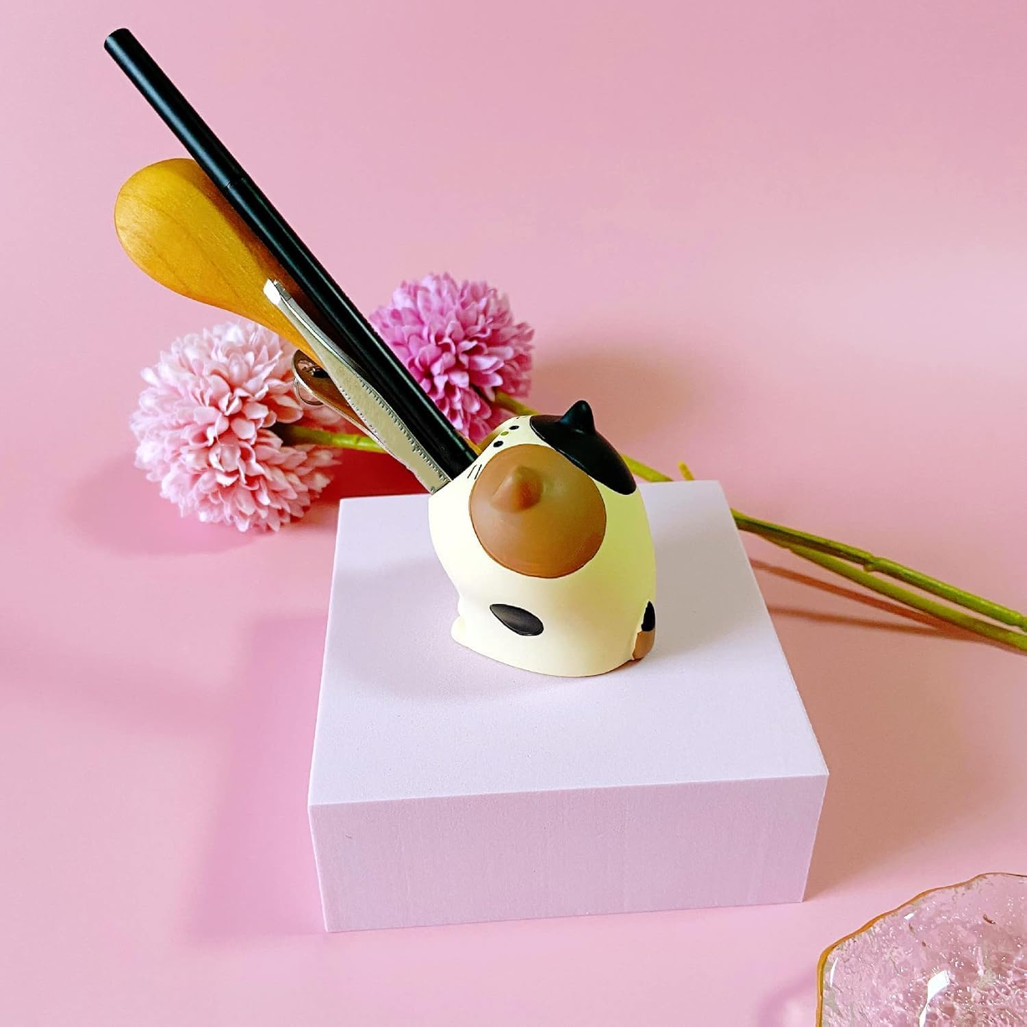 Cute Small Pen Pencil Holder, Kawaii Resin Cat Dog Dinosaur Rabbit Animal Paper Clip Toothbrush Mini Storage Organizer Office Desk Decorations image number 2