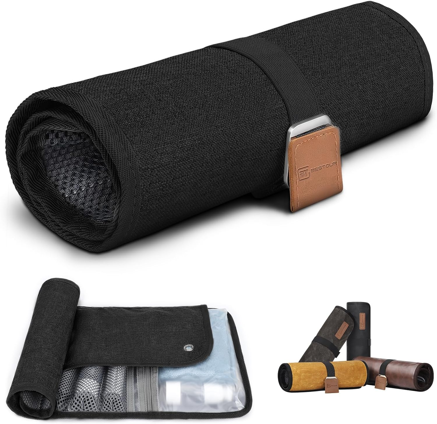 Bestour Travel Essentials, Toiletry Bag for Men, Compact Bathroom Roll Organizer, Classic Black(Canvas), Small, Minimalist