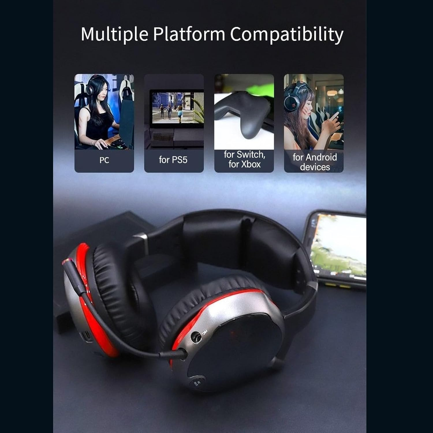 2.4G Wireless Gaming Headset for Laptop PC, 2.4G Wired 3.5MM Computer Headphones, Virtual 7.1 Surround Sound Gamer Headphones with Mic for , Switch, Phone, Tablet image number 5