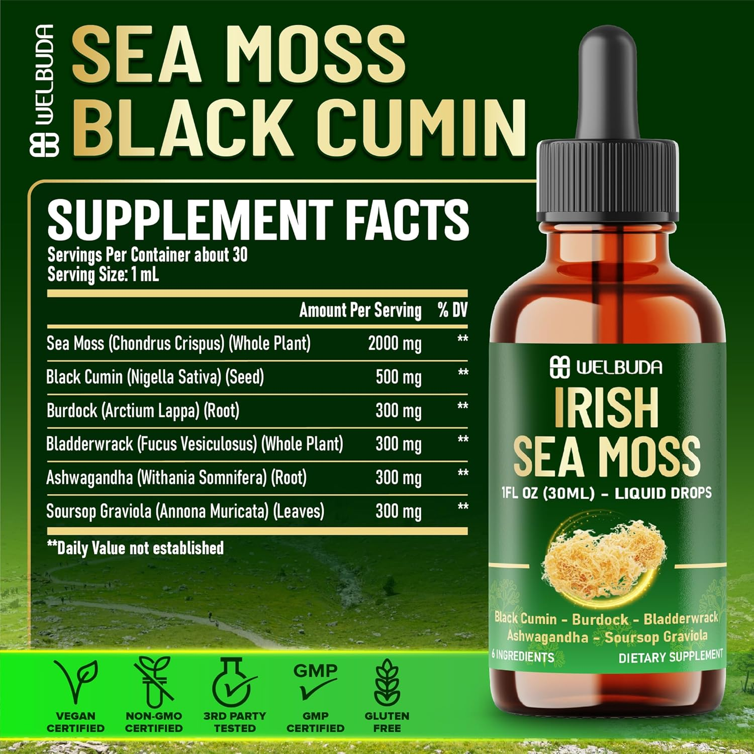 6In1 Sea Moss Liquid Supplement Combine Irish Sea Moss, Black Cumin, Burdock Root, Bladderwrack, Ashwagandha and Soursop Leaves to Support Skin & Hair Health - 1 FL Oz - 30 Servings