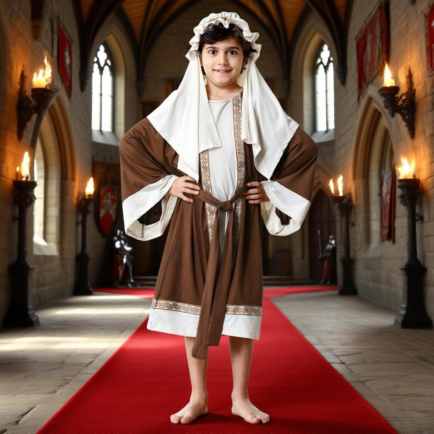 Yolsun Joseph Costume for Kids, Boys Shepherd Costume, Wiseman Biblical Headwrap Hat Waist Rope Set image number 2