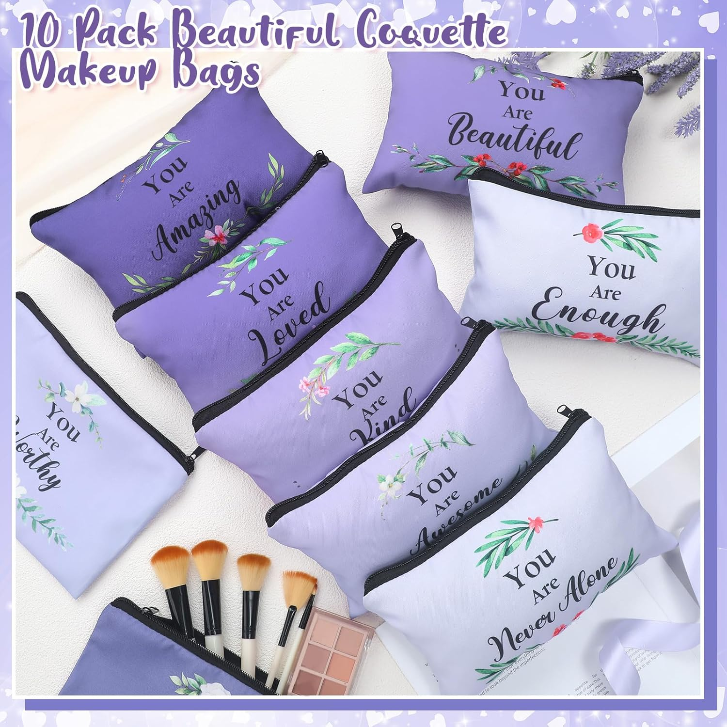 Hillban 10 Pcs Inspirational Makeup Bags for Women Bulk Cosmetic Bags Christian Bible Verse Cosmetic Pouch for Valentine'S Day Galentine'S Day Gift Religious Church Travel Pouch(Flower,Purple) - Beige image number 7