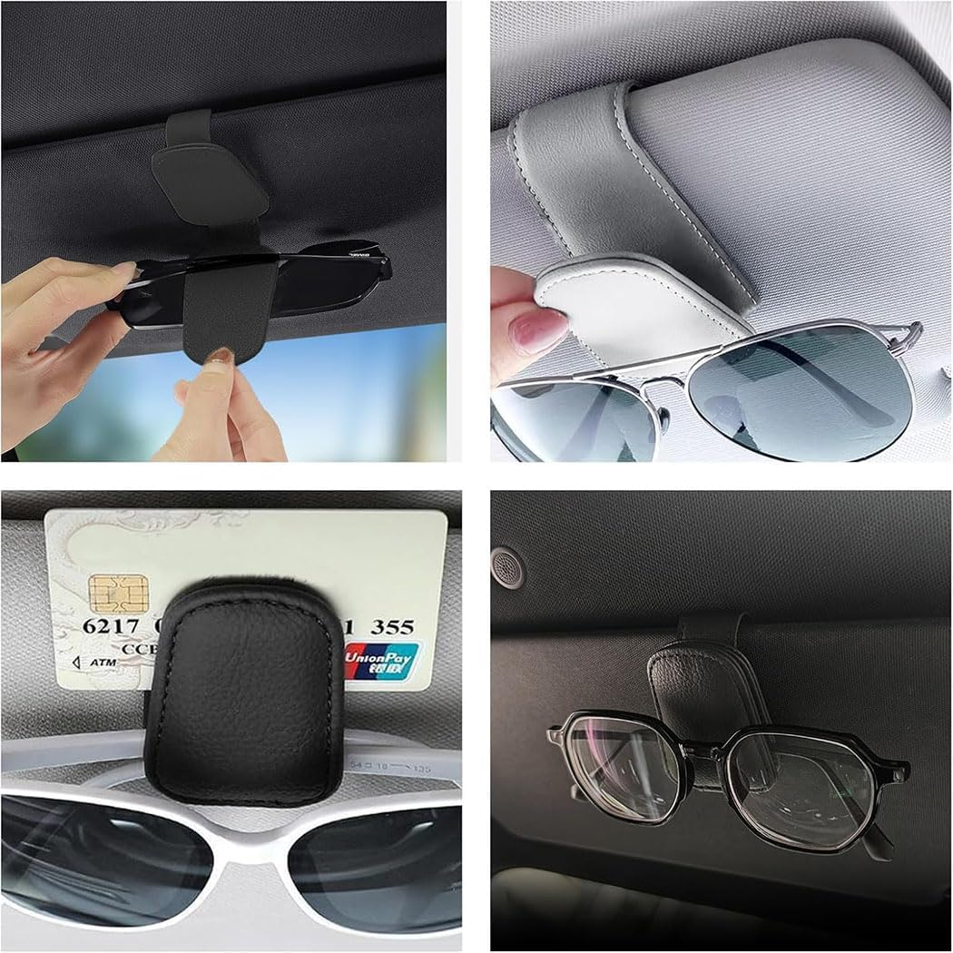 Pack of 2 Glasses Holders for Car, Leather Magnetic Sunglasses Holder, Car Visor Universal Glasses Holder, Sunglasses Holder, Ticket Card Clip, Car Accessories,Black