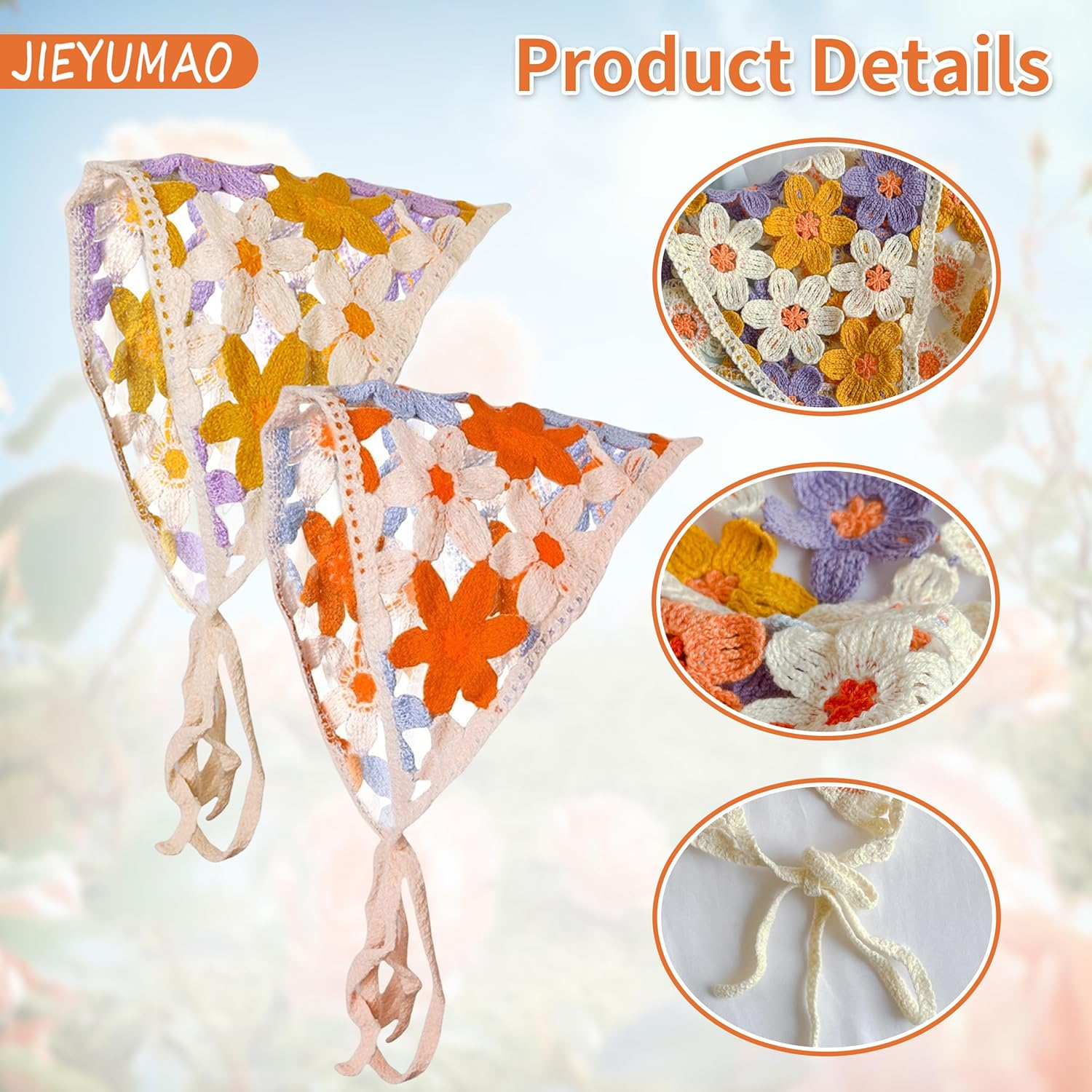 JIEYUMAO 4 Pcs Crochet Hair Bandana, 4 Styles Crochet Bandanas Headbands for Women, Fashion Knitted Headscarf Boho Head Kerchief Knitted Hair Scarf Floral Hairs Bandanas for Wedding Party image number 4