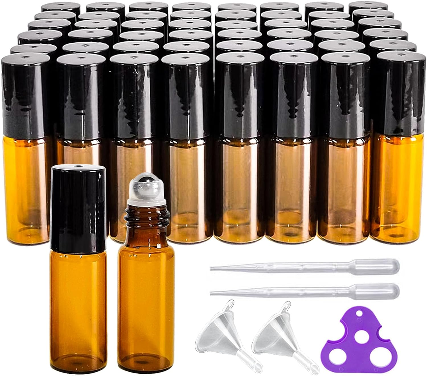 50 PCS 3Ml Amber Glass Roller Bottle,Essential Oil Sample Vials with Stainless Steel Roller Ball,Black Caps,For Travel Perfume Cosmetics Small Container(2 Funnels, 2 Dropper, 1 Opener) (3Ml) image number 1