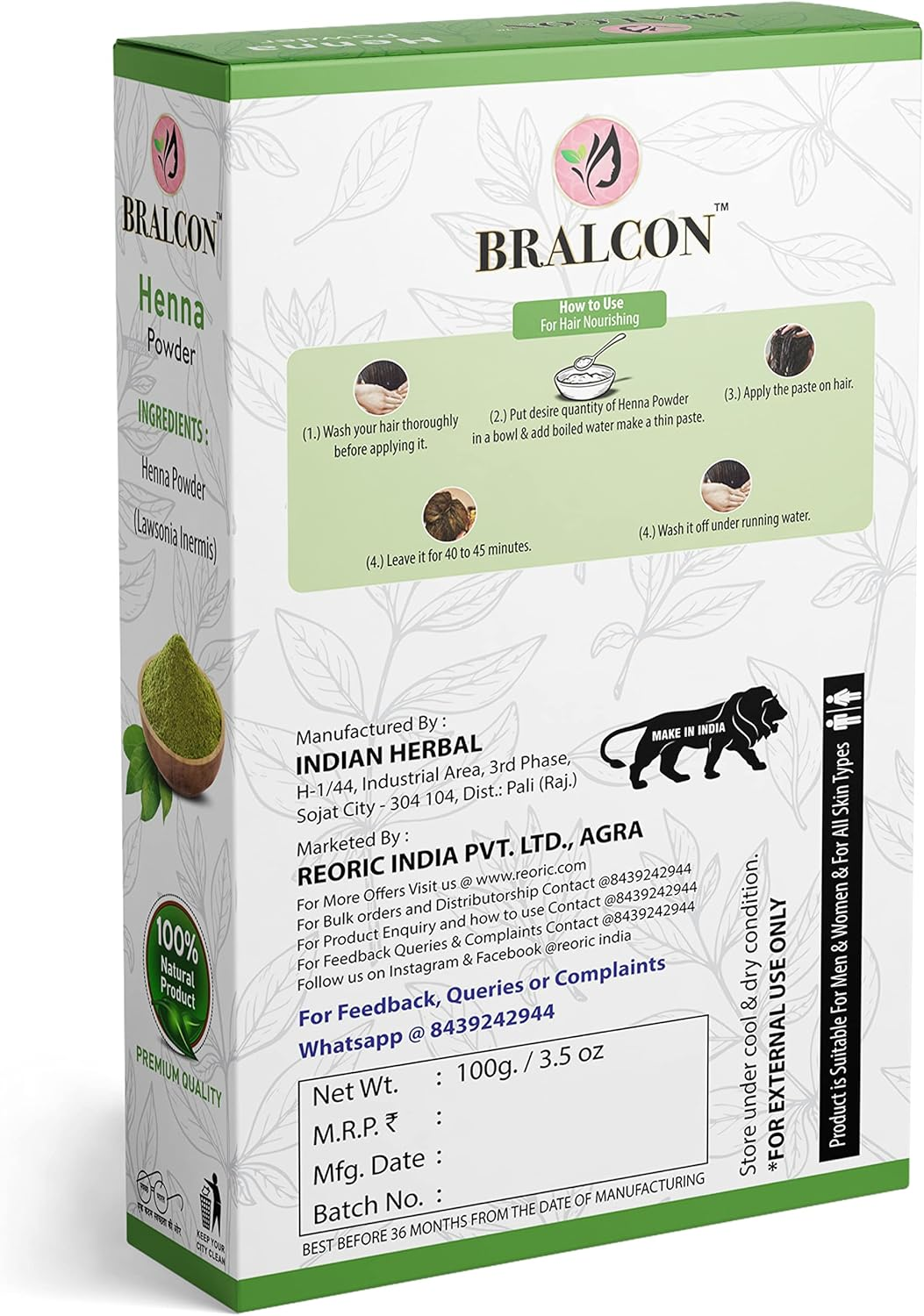 BRALCON Organic Henna, Amla, Hibiscus Powder Combo-300G(100G X 3 Pack) | Henna Powder, Amla Powder, Hibiscus Flower Powder for Hair Growth, Conditioning & Anti-Dandruff |Hair Care & Face Pack Powder image number 2