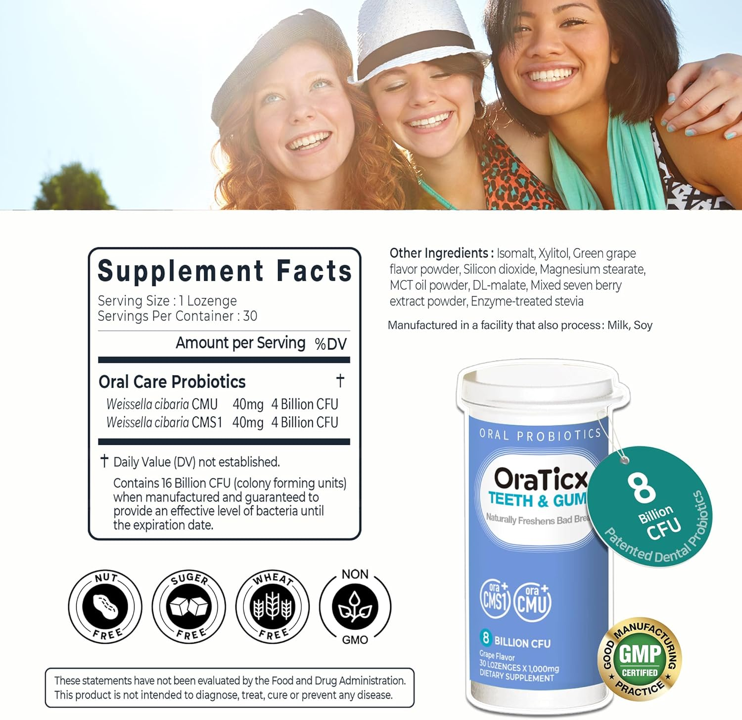 Oraticx Teeth & Gums Dental Probiotic, 8 Billion CFU Unique Oral Care Probiotic, Naturally Supports Oral Health and Immunity for Adult, Grape Flavor 30 Lozenges 1-PK