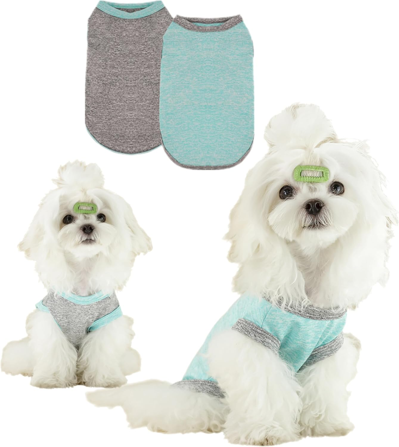 Pack of 2 Dog Shirts for Small Dogs, Summer Dog Shirt, Sleeveless Dog Vest, Soft and Comfortable, Breathable Pet T-Shirt, Suitable for Dogs, Girls, Boys, Grey and Green, S image number 2