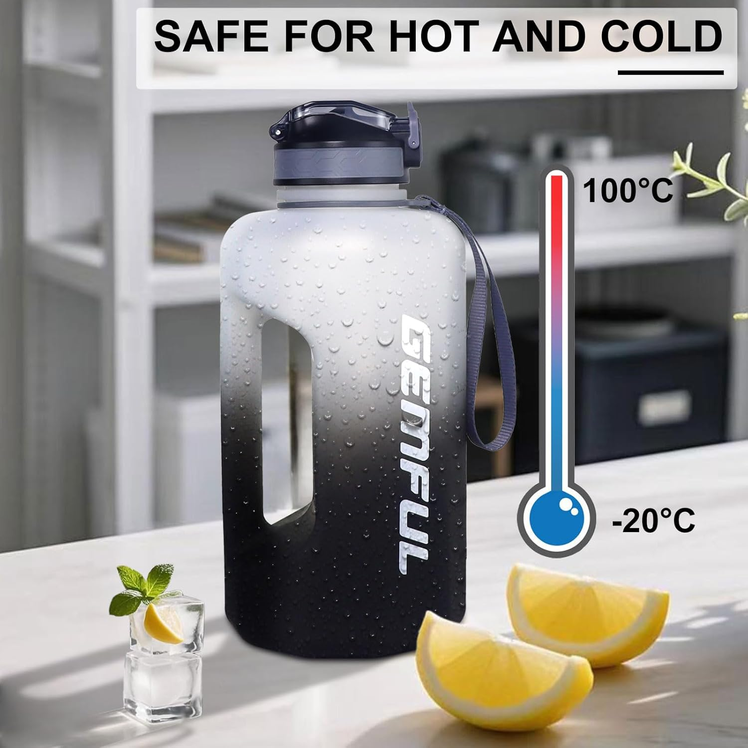 GEMFUL Motivational Water Bottle with Straw and Time Marker 74Oz Big Gym Bottles Water Jug BPA Free Leak Proof Hydrated for Sports Workout Fitness Outdoors (White Black)
