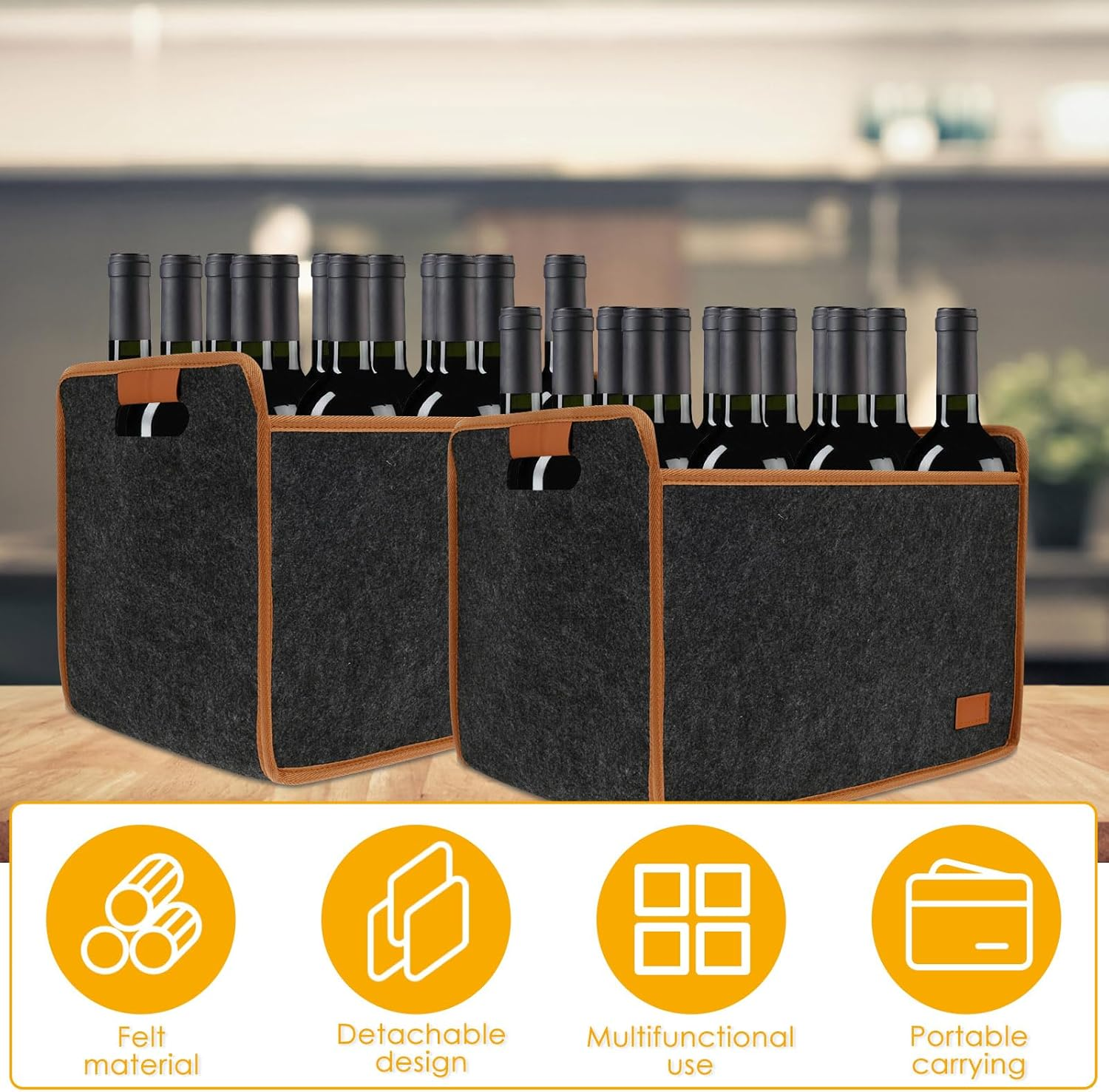 2Pcs 12 Bottle Wine Carrier Felt Wine Tote Bag Collapsible Wine Bottle Carrier with Handles Wine Carrier Tote for Travel Party Picnic Dinner image number 3