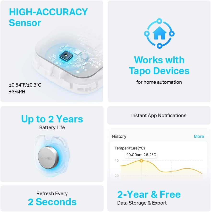 Tp-Link Tapo Smart Room Temperature & Humidity Sensor, Auto, Fast & Accurate, Free Data Storage & Visual Graphs, Instant App Notification, Smart Home, Hub Required (Tapo T310) image number 4