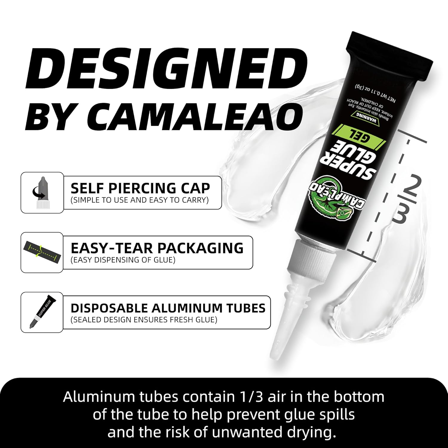 CAMALEAO Super Glue Gel, Single-Use All Purpose Cyanoacrylate (CA) Glue with Self Piercing Cap, 2900 PSI High Strength Instant Adhesive for Plastic, Metal, Glass, Ceramic, Wood and More - 4 X 3G