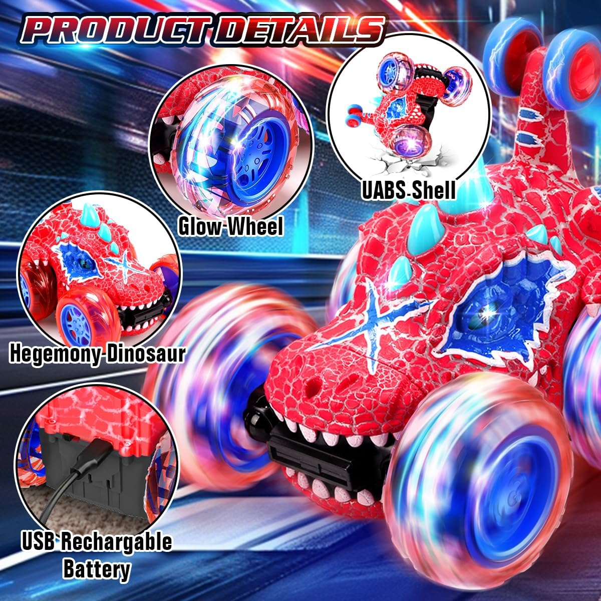 REMOKING Remote Control Car for Kids Age 3-8, 2.4Ghz Dinosaur Toys RC Car 360&deg;Stunt Rotation, 4WD Wheel with Cool Lights,Rechargeable Vehicle Outdoor Game for 3 4 5 6 Year Old Boy Gift image number 1