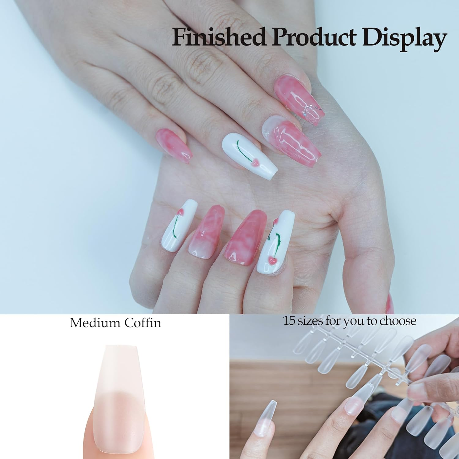 Sun&Beam Nails Fake Nails for Nails DIY Transparent Pop Translucent Clear Frosted Press on Nails Large Capacity Including Storage Box 12 Sizes 504 Pcs (#5-Short Ballerina Frosted) - Long Coffin image number 5