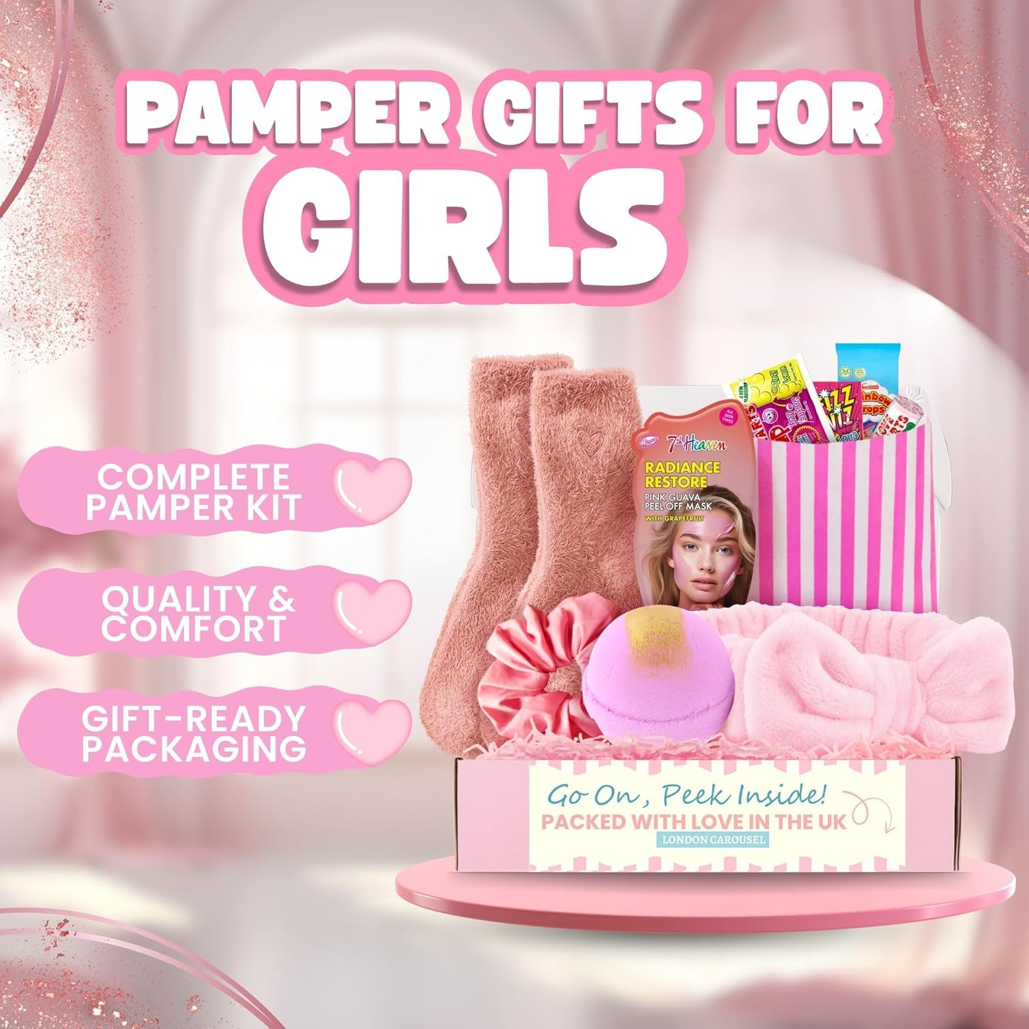 Pamper Gifts for Teens - Girls Pamper Set Includes Soft Spa Headband, Bath Bomb, Cozy Socks, Peel-Off Girls Face Mask, Girls Hair Scrunchie and a Bag of Sweet Treats