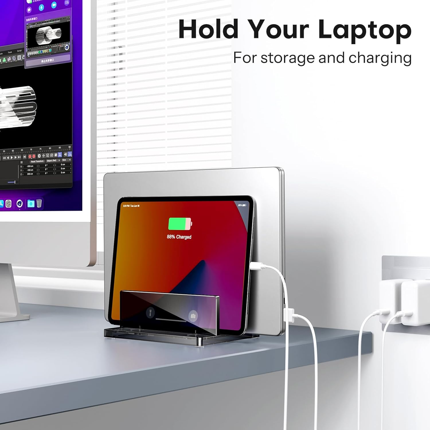 OMOTON Vertical Laptop Stand for Desk, Acrylic Dual Laptop Holder Desktop Clear Adjustable Dock for Macbook Pro Air, HP, All Gaming Laptops up to 17&rdquo;, Black image number 2