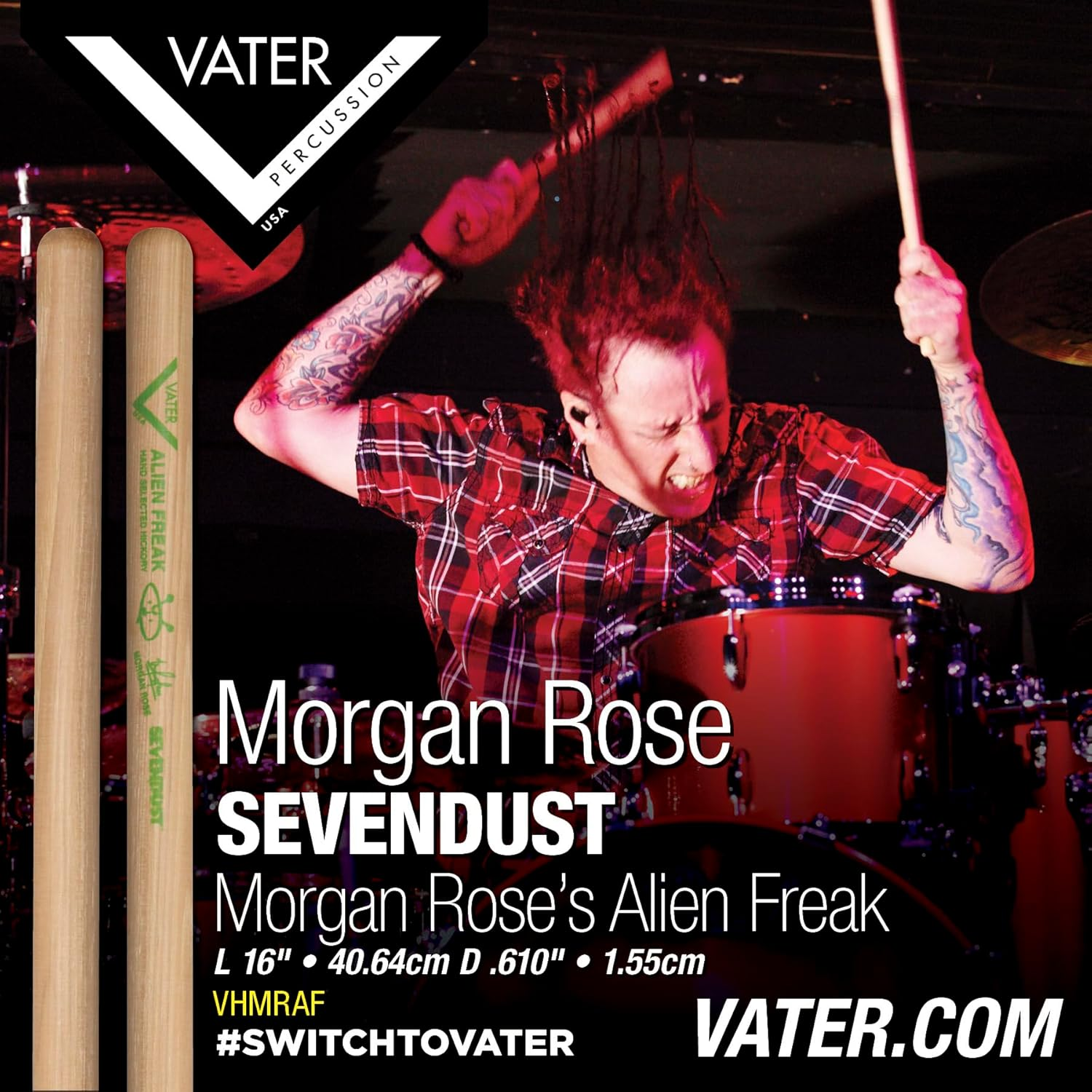 Vater VHMRAF Morgan Rose'S Alien Freak Hickory Drum Sticks, Pair image number 1