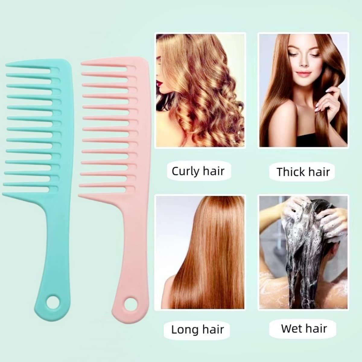 Wide Tooth Comb with Thickened Handle for Long, Curly, Wet Hair - Smooth without Tangles - 2-Piece Pink and Green image number 2