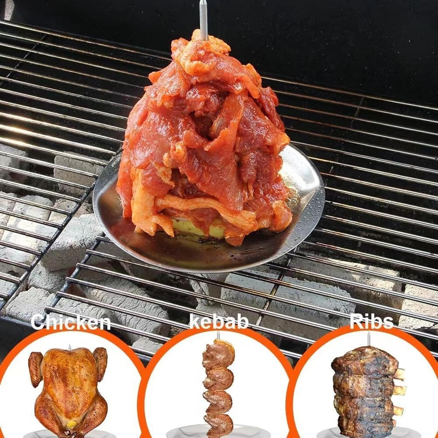 Thickened Stainless Steel Vertical Skewer Stand for Tacos Al Pastor, Shawarma and Kebabs, 3 Removable BBQ Skewers (8", 10", 12") for Grill, Smoker, Oven, Heavy-Duty Rotisserie-Style Meat Holder