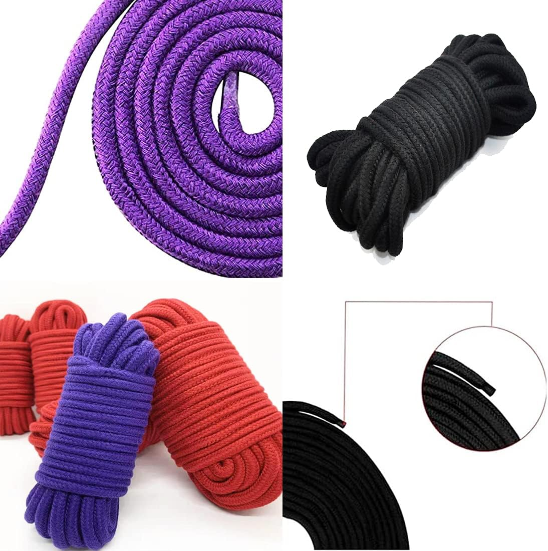 Evealyn Soft Rope Cord,Soft Cotton Rope 3 Pack 10 M/33 Feet 8 MM Solid Braided Twisted Ropes Cotton Rope Craft Rope (Black Red Purple) image number 4