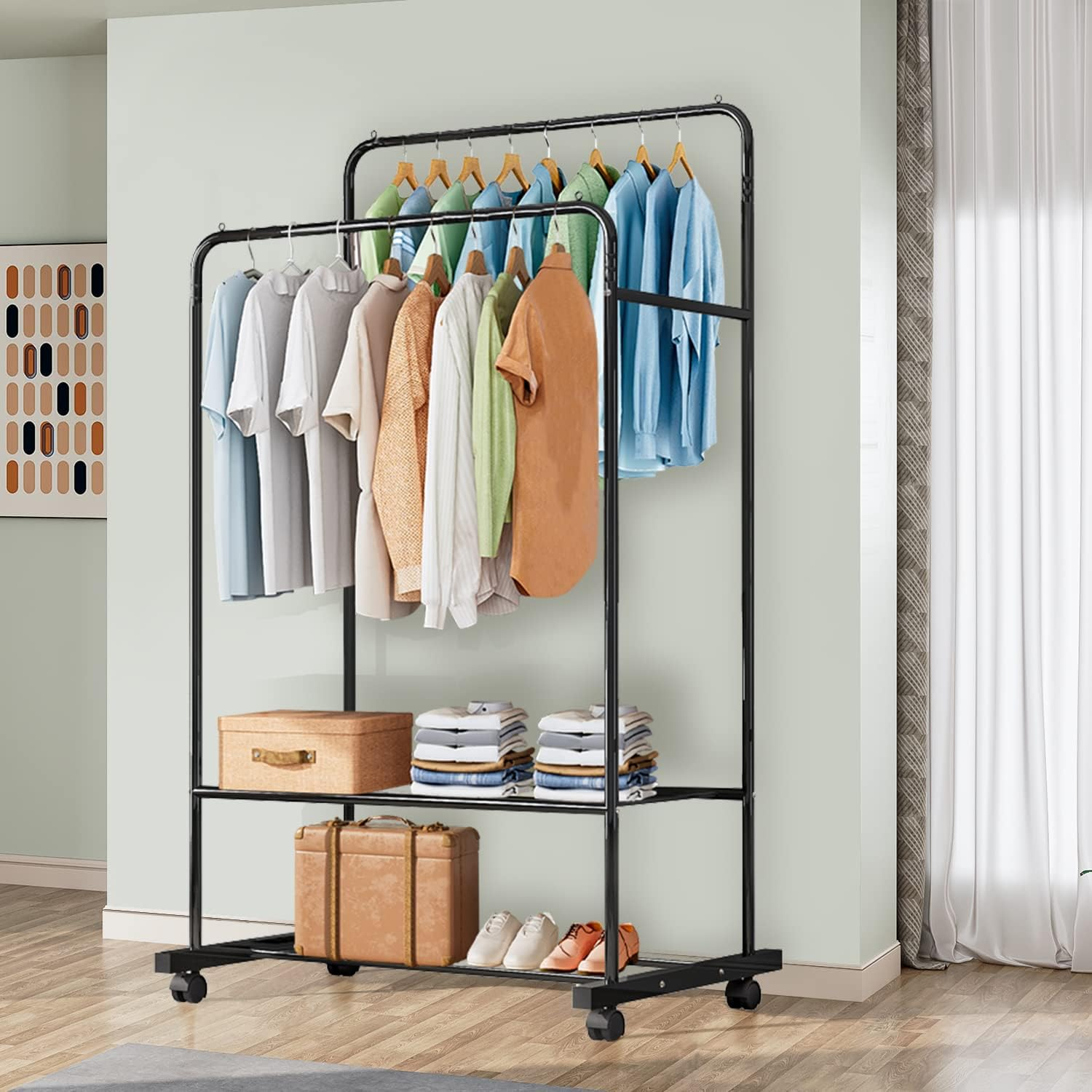 Untyo Clothing Rack with Wheels Double Rails Clothes Rack Rolling Rack for Indoor Bedroom Clothes Rack Max Load 110LBS Shelf on Wheels(Balck) - White image number 2