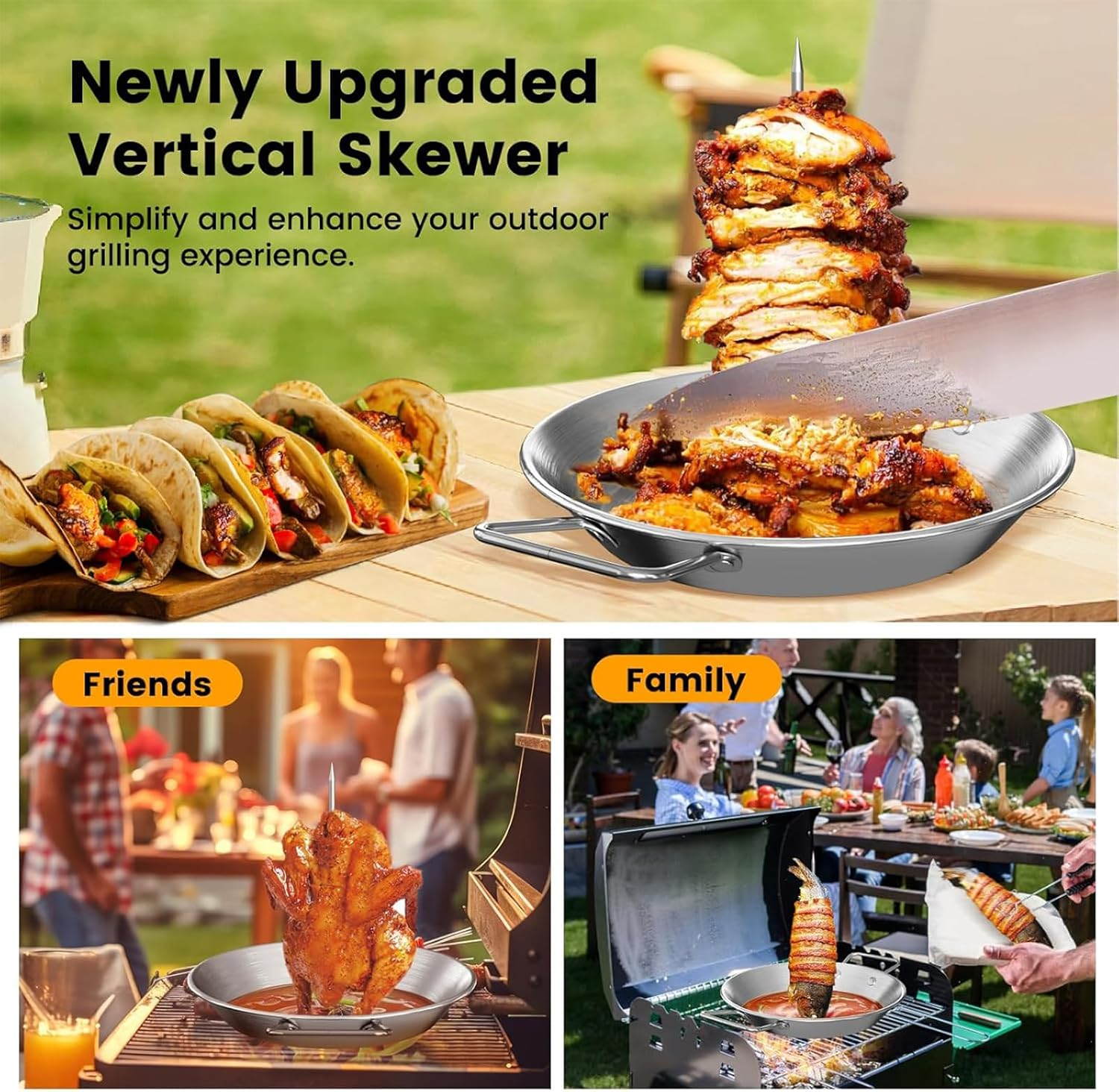 Al Pastor Skewer for Grill, Brazilian Spit Stand with 3 Removable Skewers (8&rdquo;, 10&rdquo;, 12&rdquo;) & Barbecue Tongs and 2 Brushes, Brushes, Perfect for Tacos Al Pastor, Shawarma, Kebabs, Smoker, BBQ, Oven image number 1