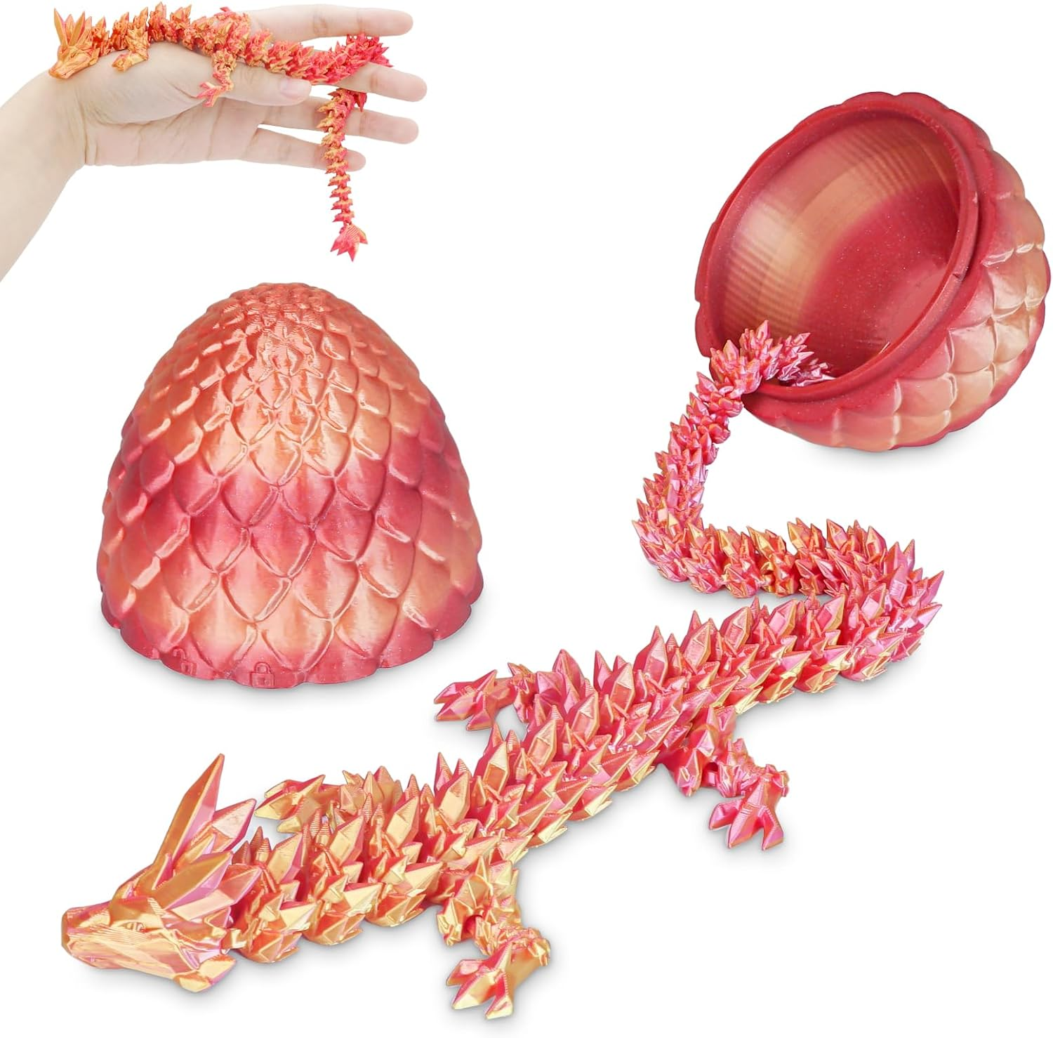 3D Printed Dragon Egg,Movable Articulated Crystal Dragon in Egg,Fidget Toy,Desk Figure Decor,Home Office Decor,3D Printed Gift Toy for Adults and Kids (Orange Red)