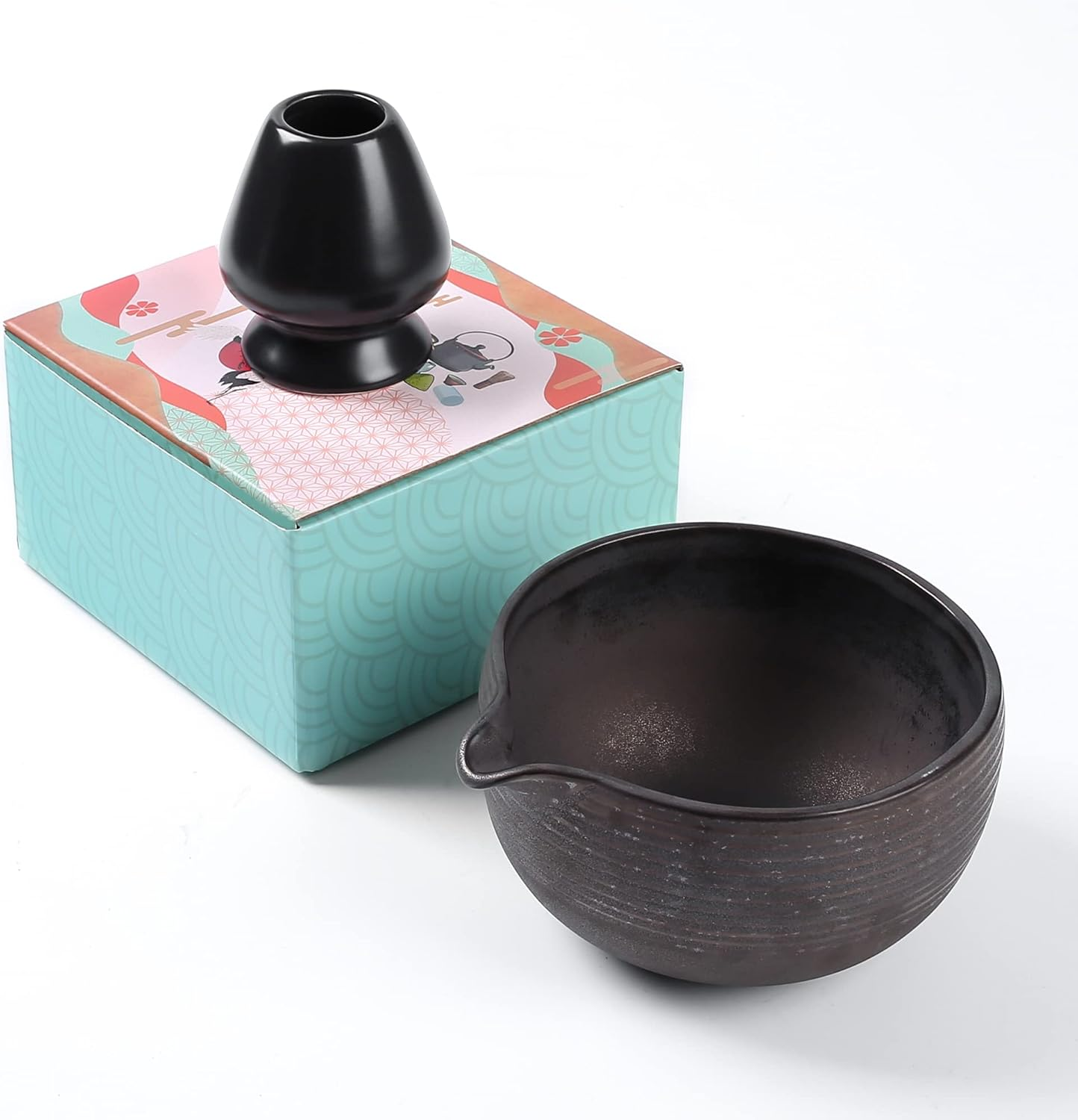 Traditional Matcha Bowl with Pouring Spout & Whisk Holder (Reshaper) - Handmade Japanese Style Matcha Chasen Ritual Kit- 22Oz Big Salad Porridge Juice Bowl Chawan (Baby Pink) (ZRC23-SP)