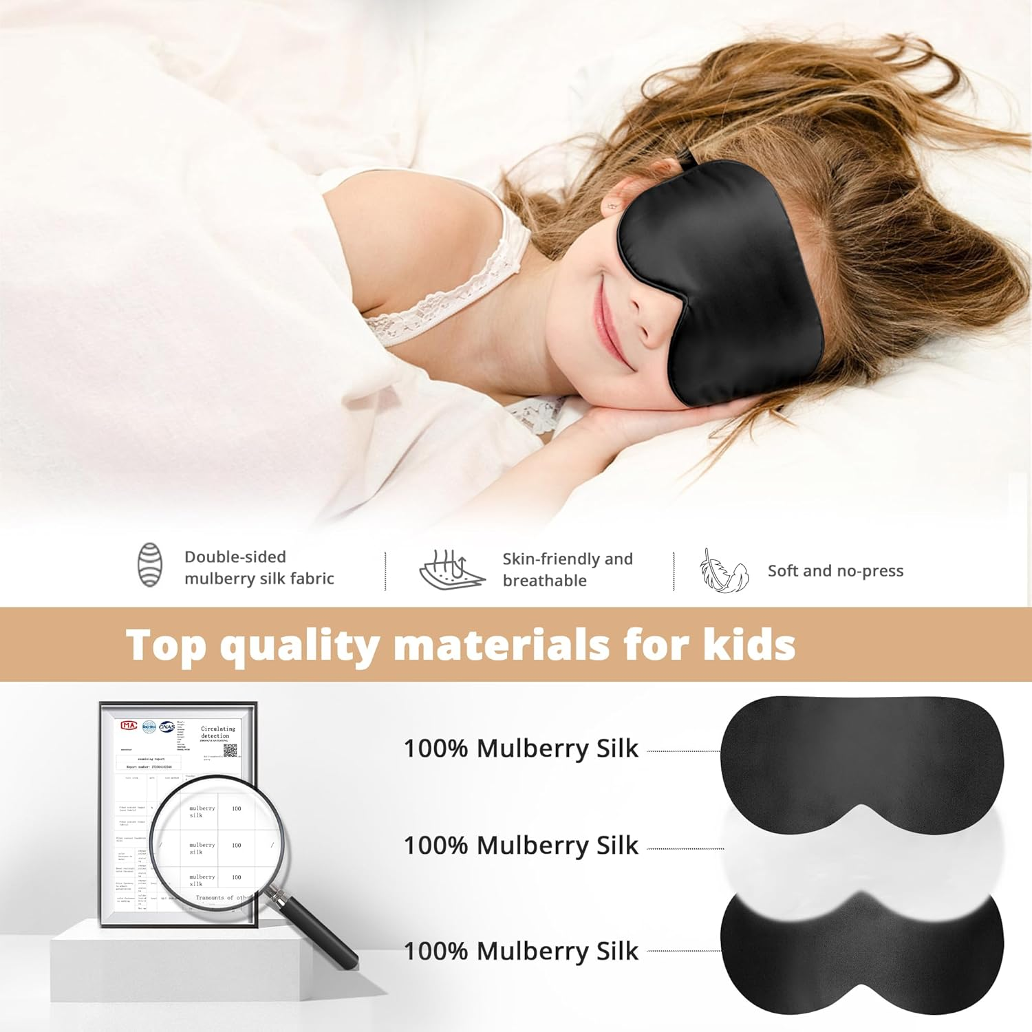 Kids Sleep Mask Eye Cover, 100% Real Natural Pure Silk Eye Mask with Adjustable Strap, Blindfold Kids Eye Mask for Sleeping, Eye Shade for Boys Girls and Adult, Pressure-Free Comfort (Black) image number 5