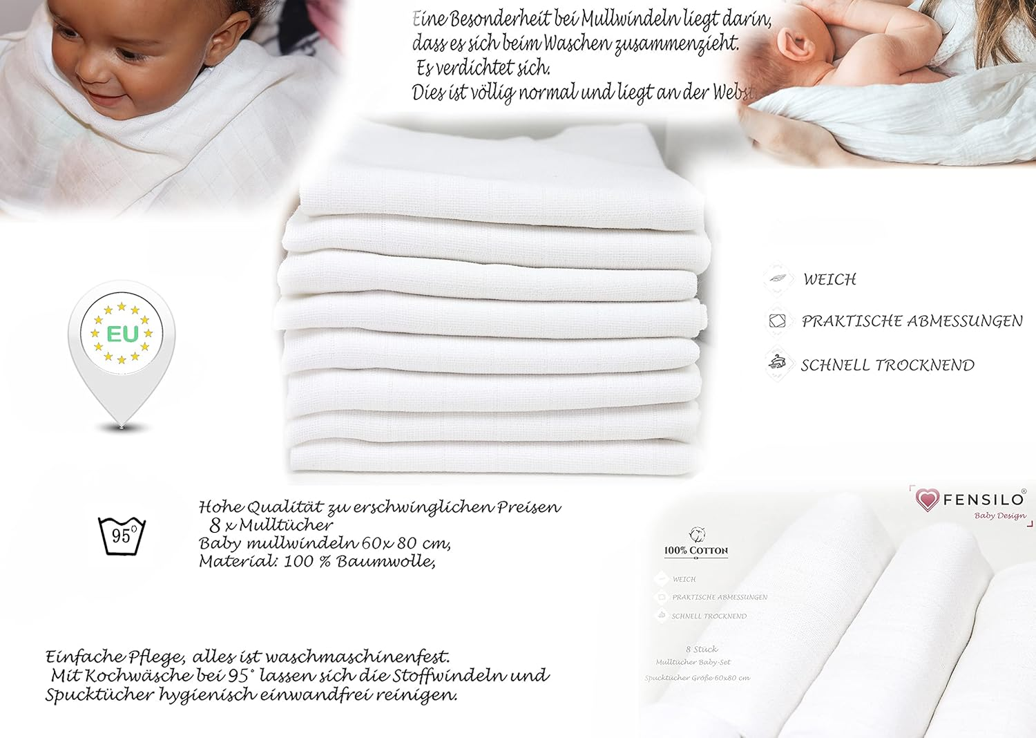 FENSILO - Muslin Cloths White - Muslin Nappies White - Pack of 8 60 X 80 Cm - Baby Burp Cloths, Tested for Harmful Substances - Burp Cloths for Boys and Girls image number 1