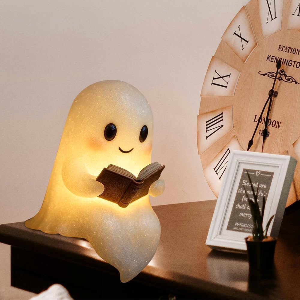 Ghostly Reading Book Lamp, Ghost Warm Lighted Lndoor Figurine Lamps, Adorable Ghost Reading Night Light Halloween Decorlight up Halloween Decor, for Bedroom Study Room, Readers (8.6 Inch) image number 2