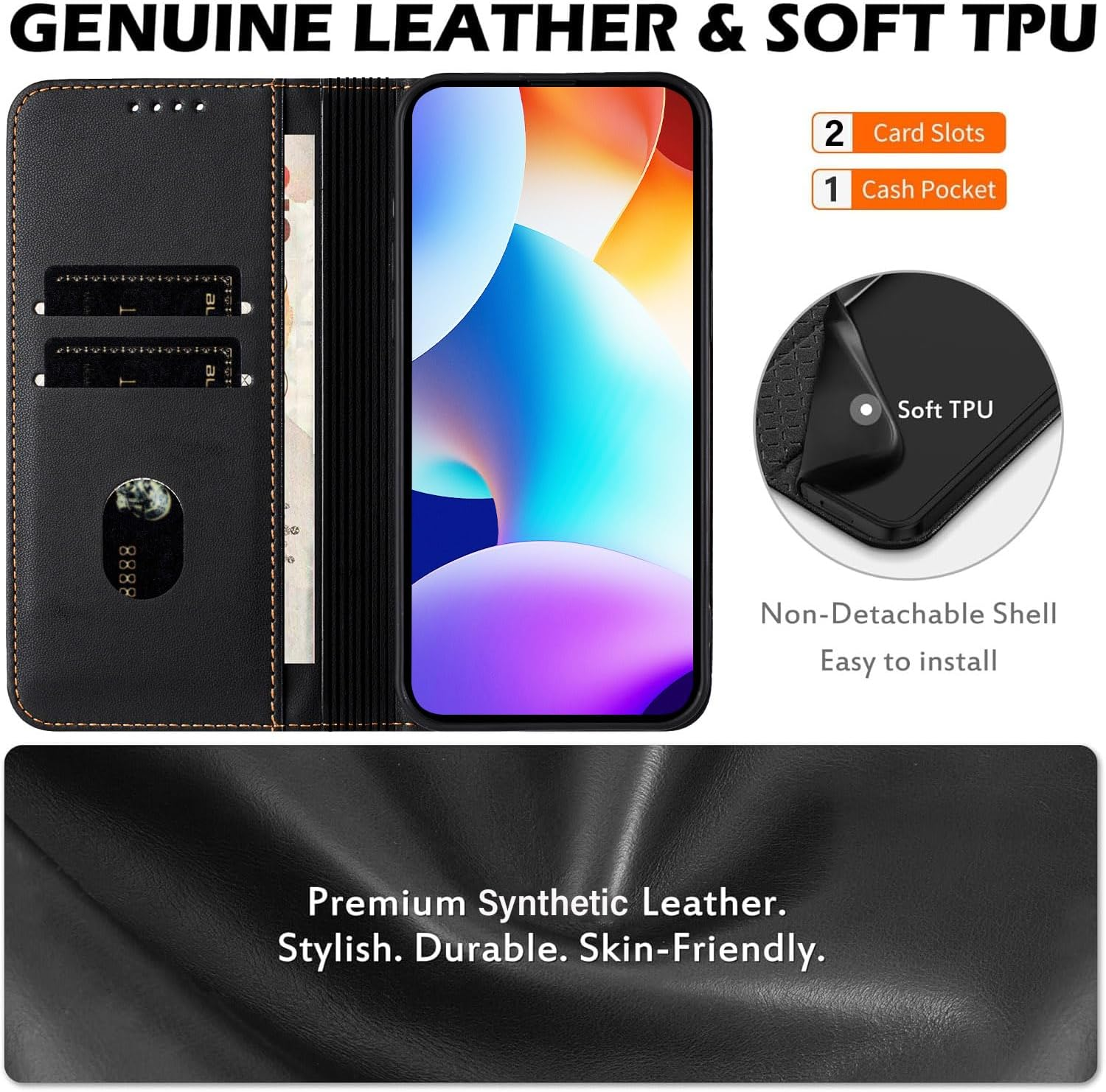 XINYEXIN Case for Xiaomi 15T 5G, PU Leather Mobile Phone Case with RFID Protection, Card Slots, Magnetic Flip Case with Stand, All-Round Protection - Black image number 5