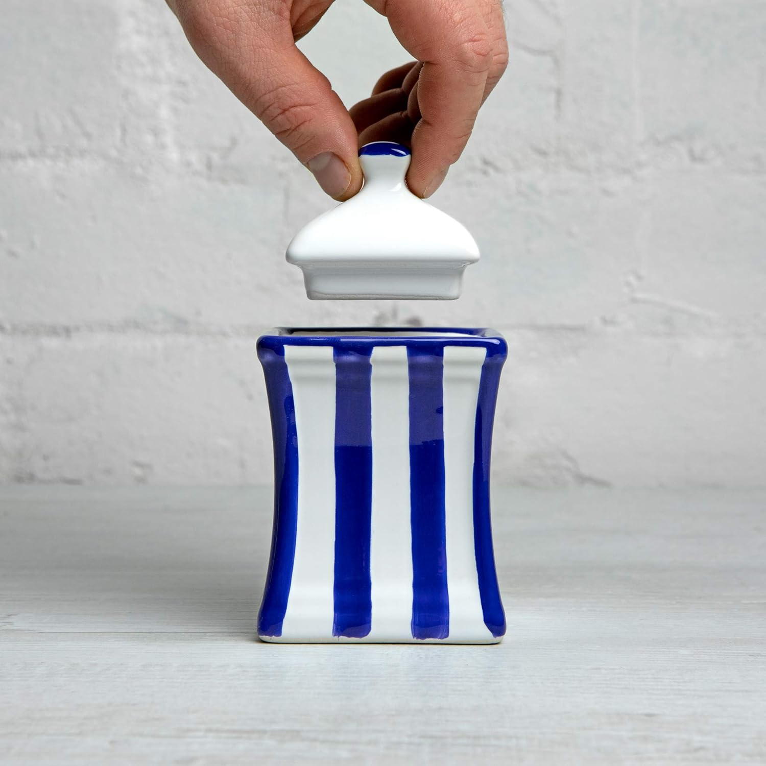 Handmade Dark Navy Blue Stripe Small 5.3Oz/150Ml Ceramic Kitchen Herb, Spice, Storage Jar with Lid, Pottery Canister, Housewarming Gift by City to Cottage image number 3