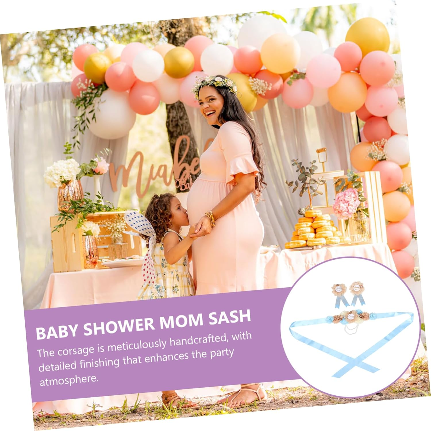 Kisangel Set Maternity Sash and Pins Set Mom Sash with Handmade Corsage for Showers Pregnancy Celebrations and Special Events Fit for Expectant Parents image number 2