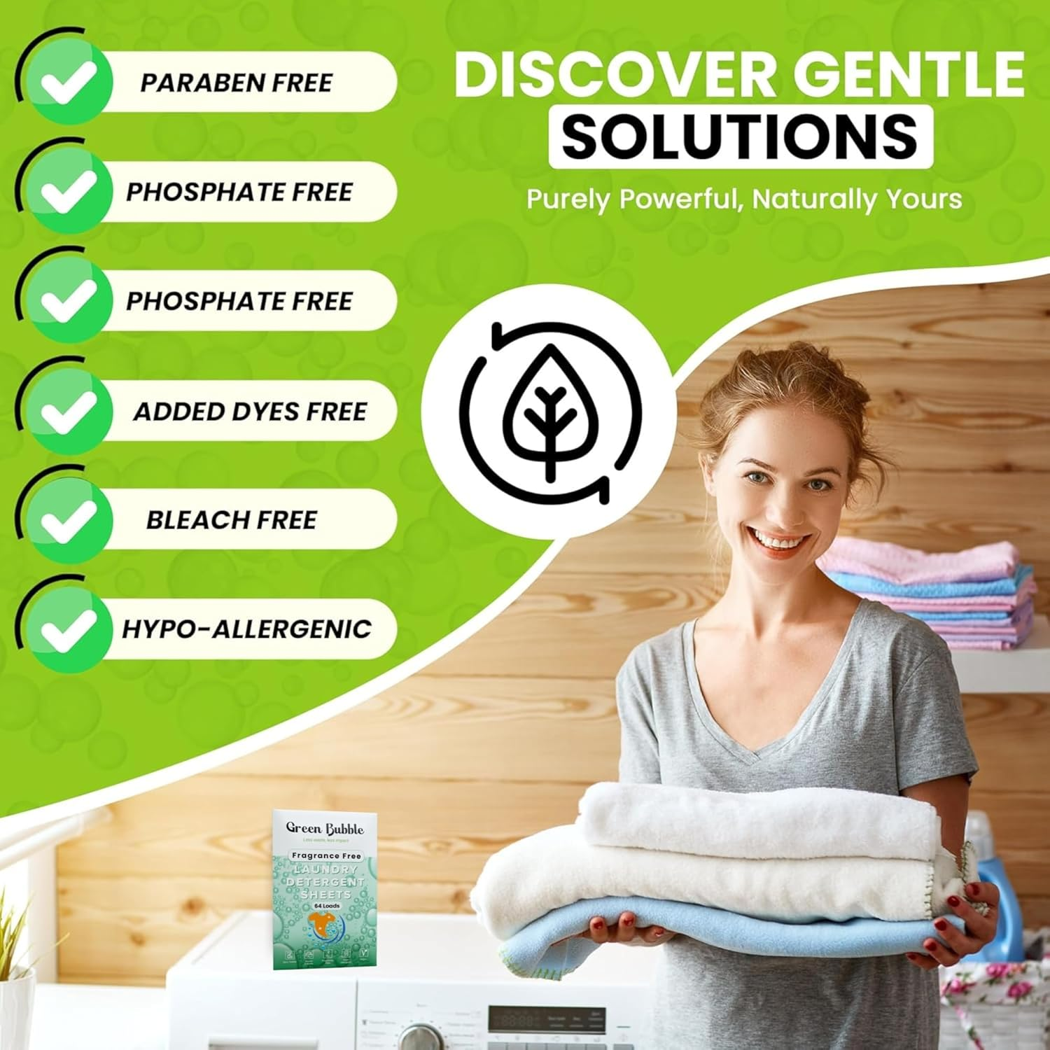 Green Bubble Laundry Detergent Sheets &ndash; 64 Loads, Fragrance Free image number 3
