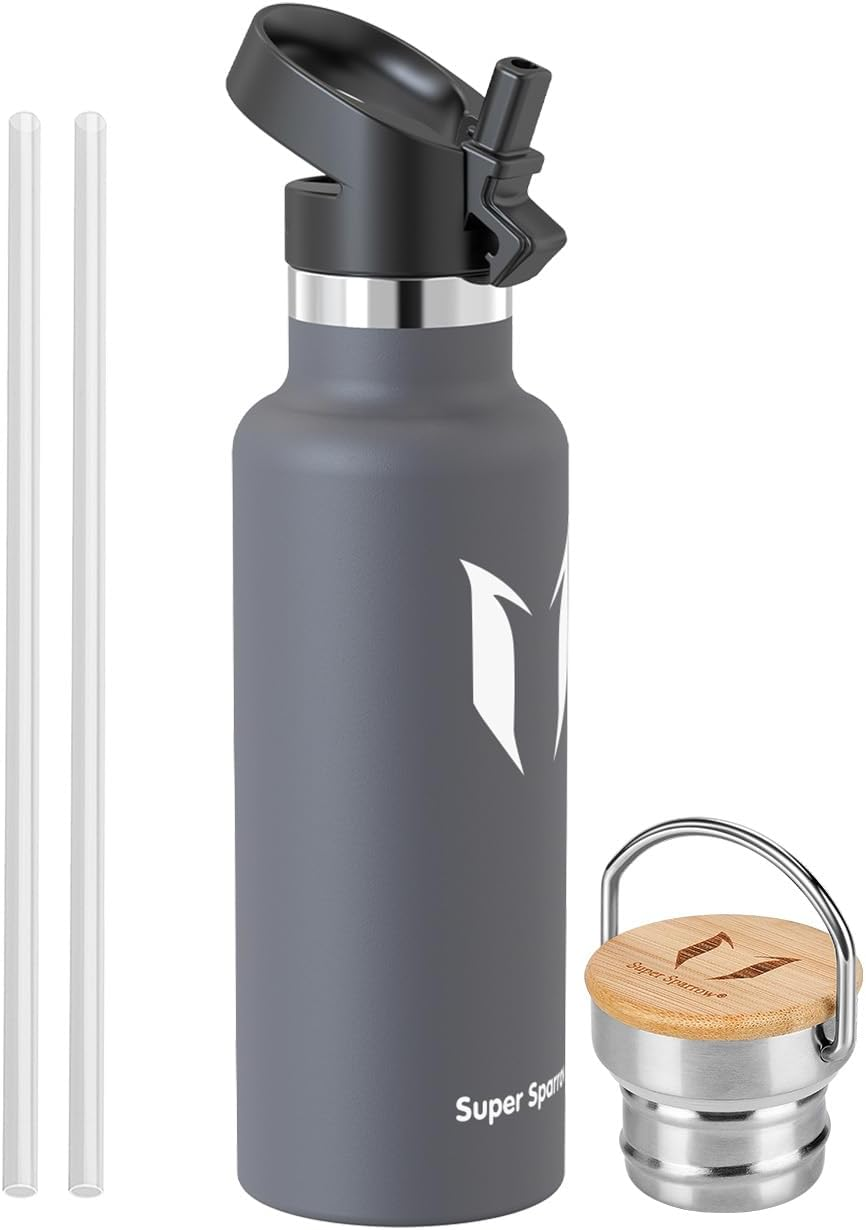 Super Sparrow Water Bottle Insulated - 500Ml - Standard Mouth Flask - BPA Free, Leak Proof Drink Bottle - Ergonomic Straw Water Bottles for Work, Gym, Travel, Sports, Outdoor - 2 Lids