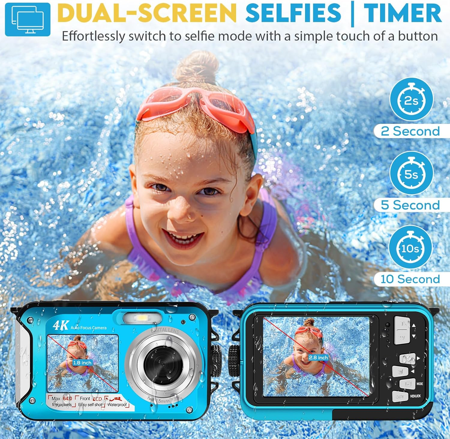 64MP Underwater Camera with 64GB Memory Card, 4K Waterproof Camera with Autofocus and Selfie Dual Screens, 5 Meter Waterproof Digital Camera, Kids Underwater Camera for Snorkeling (2 Batteries) image number 4