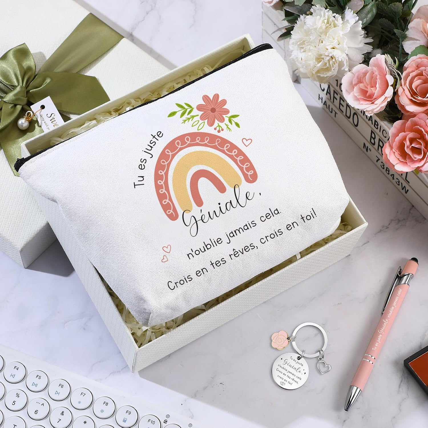 Xuniea 3 Encouraging Gifts for Women Inspirational Cosmetic Bag Toiletry Bag Motivational Keyring Ballpoint Pen Birthday Colleagues Friends Family