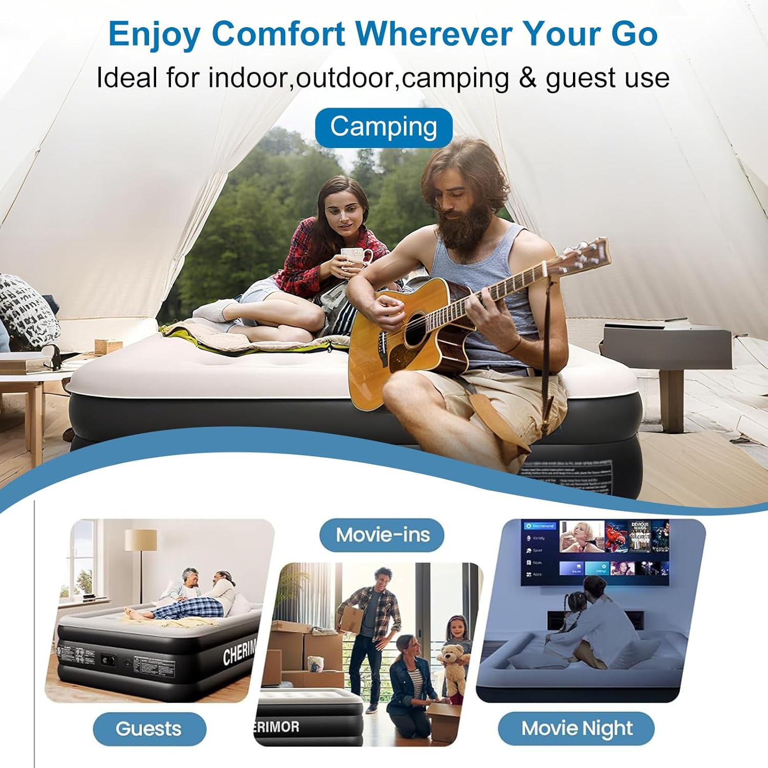 Queen Size Air Mattress,Built-In Air Pump,Automatic Inflating/Deflating PVC Waterproof Material,Skin-Friendly Flocking Surface, 203&times;152&times;47CM,300KG MAX, Suitable for Family Camping image number 6