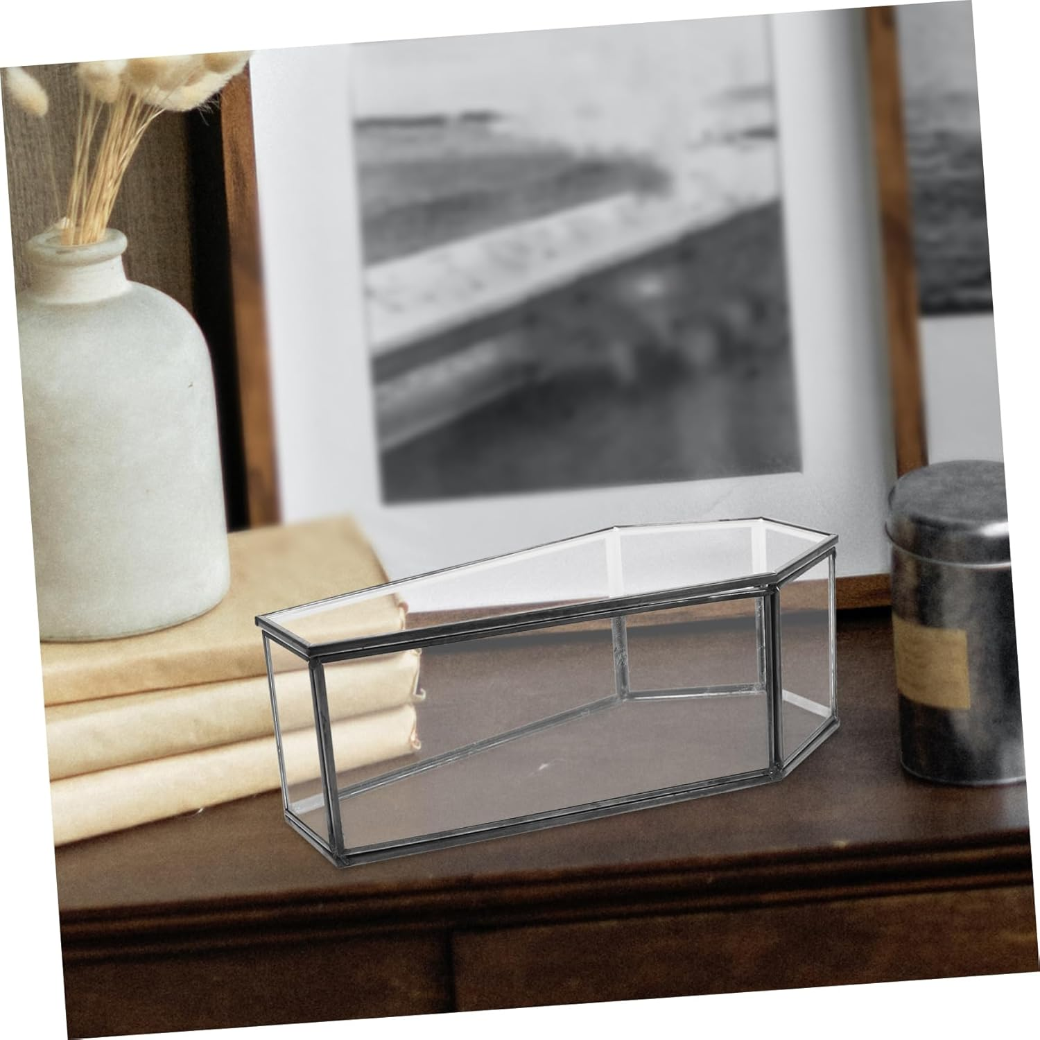 Amosfun Vintage Black Glass Coffin Decorative Jewelry Box with Hinged Lid Unique Halloween Candy Tray Gothic Keepsake Case for Spooky Home Display image number 4