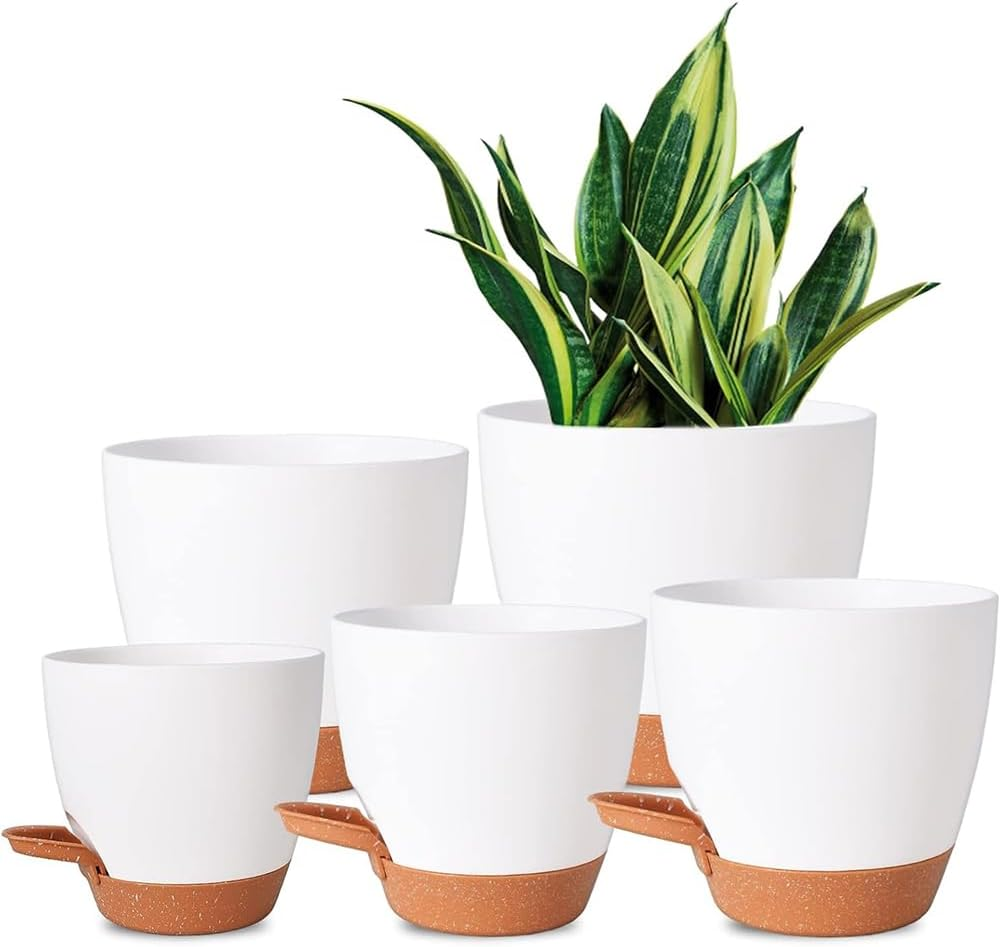 5 Pack Self Watering Plant Pots with Drainage Holes and Trays &ndash; 7/6.5/6/5.5/5 Inch Modern Decorative Plastic Planters for Indoor Outdoor Plants, Succulents, Flowers, Herbs image number 1
