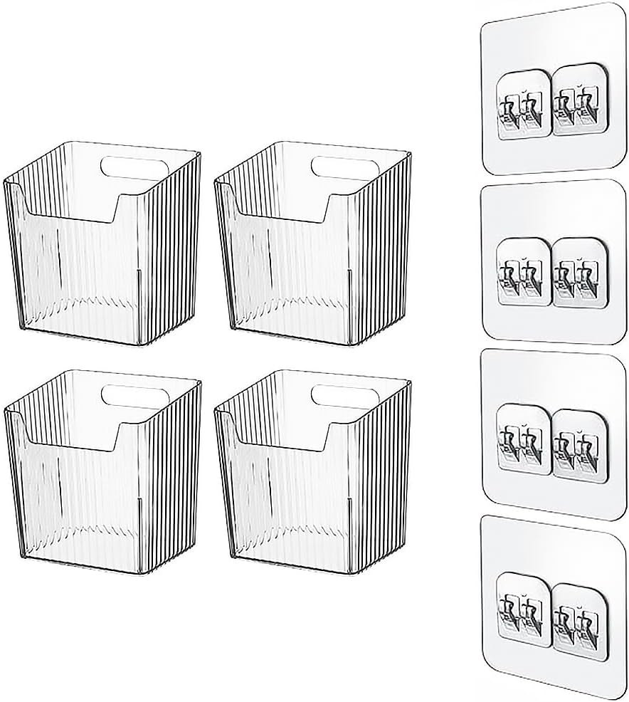 4 Pack Acrylic Wall Mount Organizer，Adhesive Cabinet Door Storage Bins，Clear Makeup Tool Containers，Stackable Organizer Basket for Kitchen，Bathroom，Cabinet，Pantry，Office (Take with No Trace Hooks) image number 2