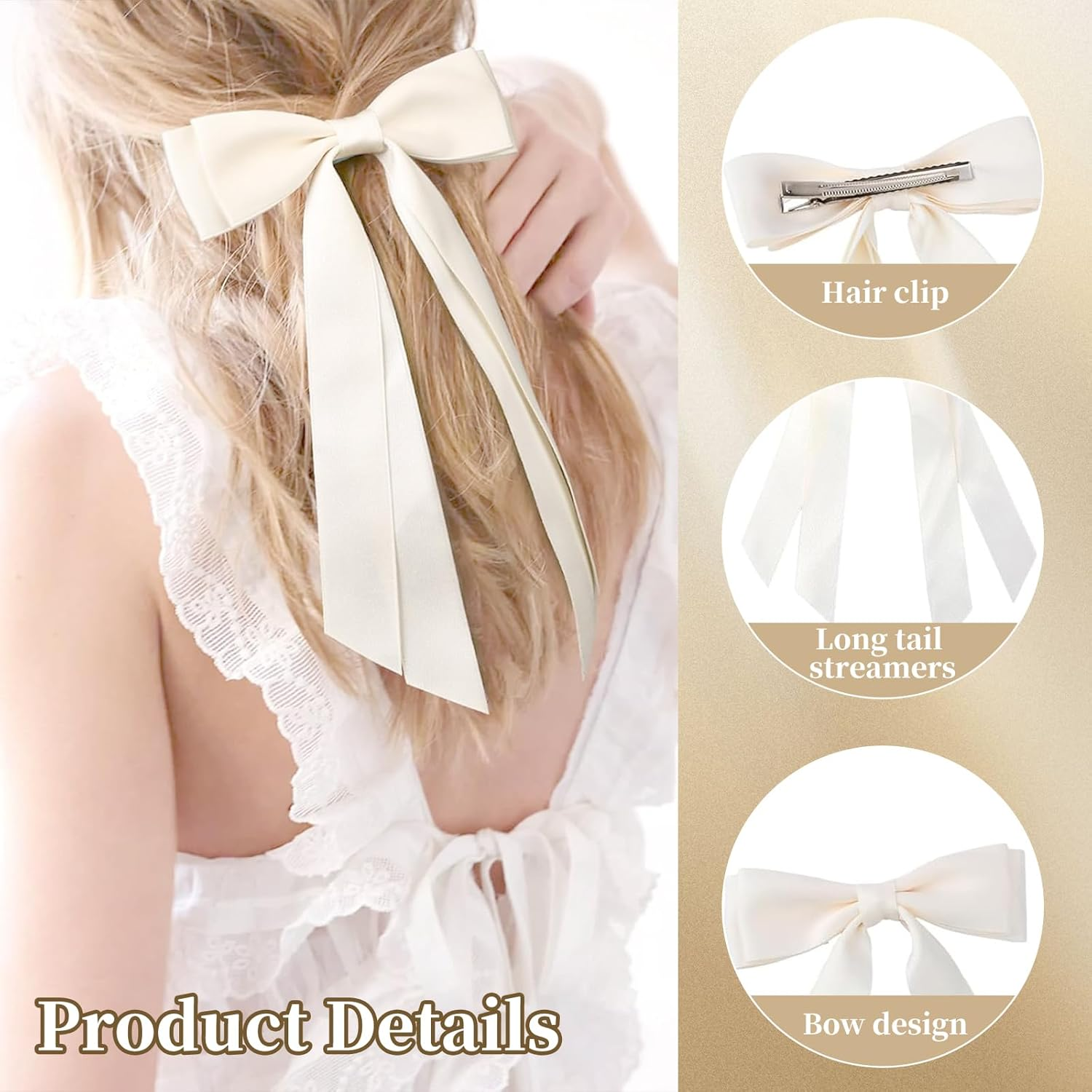 4 Pcs Long Tail Hair Bow Clips for Women, Silky Satin Big Bow Hair Barrettes, Ribbon Bowknot Clips with Tassel Claw, Ponytail Holder Slides Metal Alligator Hair Clips for Hair Accessories, 4 Colors image number 4