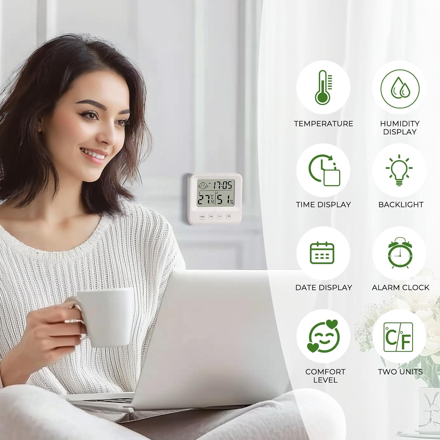 Room Thermometer Clock,Wall or Table Stand, Temperature Sensor,For Home Theater,Room Blackout Environment Monitoring, Greenhouse, Plant Nursery and Shade Cloth Area Monitoring, Night Light Button image number 6